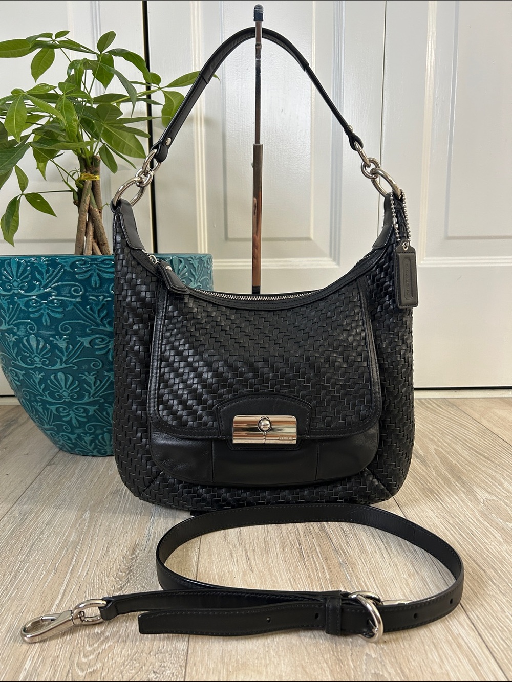 Coach Vintage Black Woven Leather Shoulder Bag with Silver Hardware
